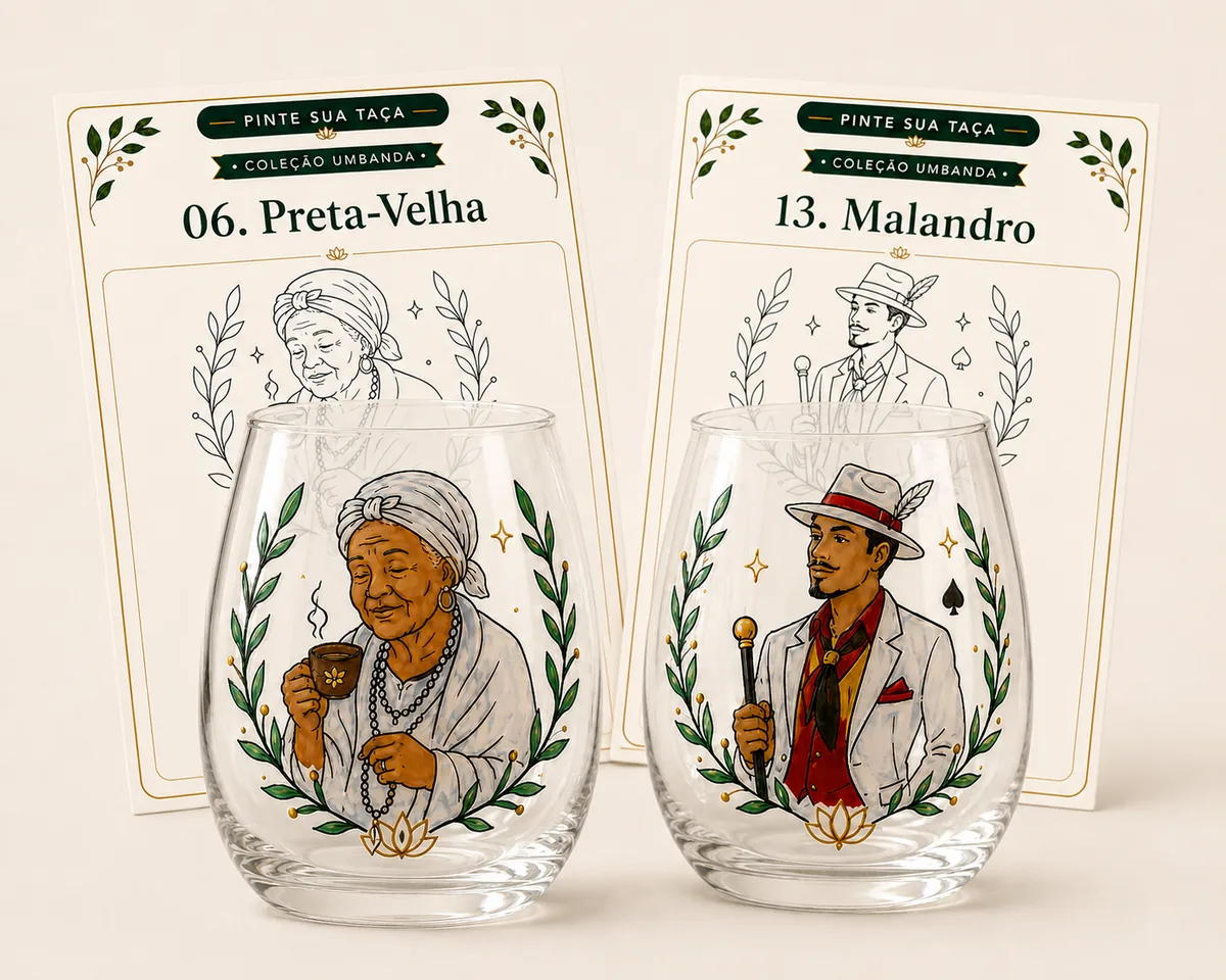 Duas taças pintadas à mão ao lado das cartelas dos moldes Preta-Velha e Malandro