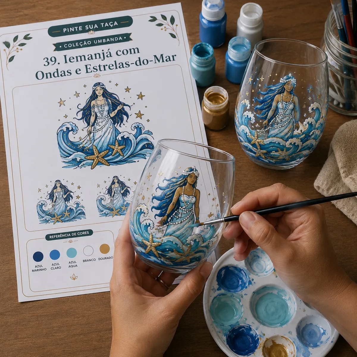 Taça de Iemanjá sendo pintada com a cartela de referência