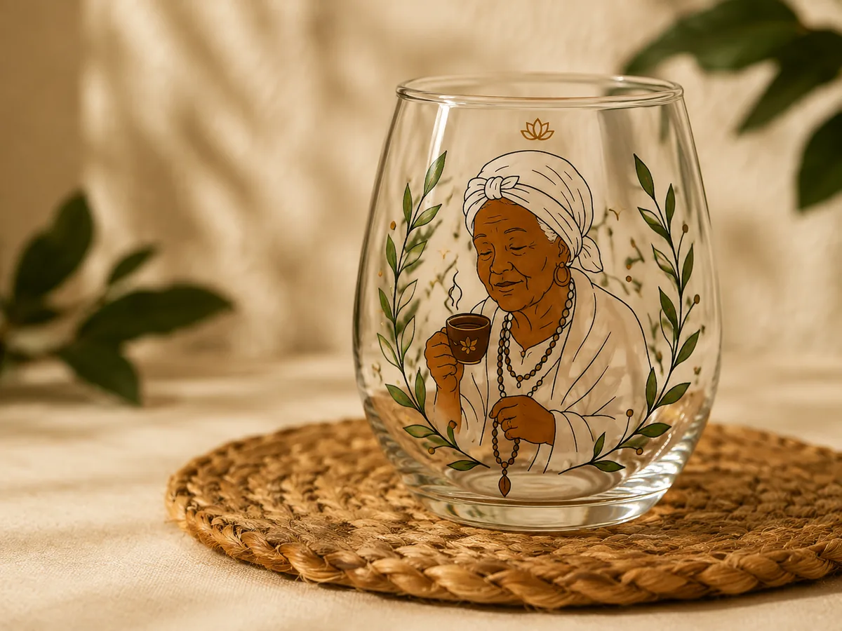 Taça de vidro pintada à mão com a Preta-Velha da Coleção Umbanda